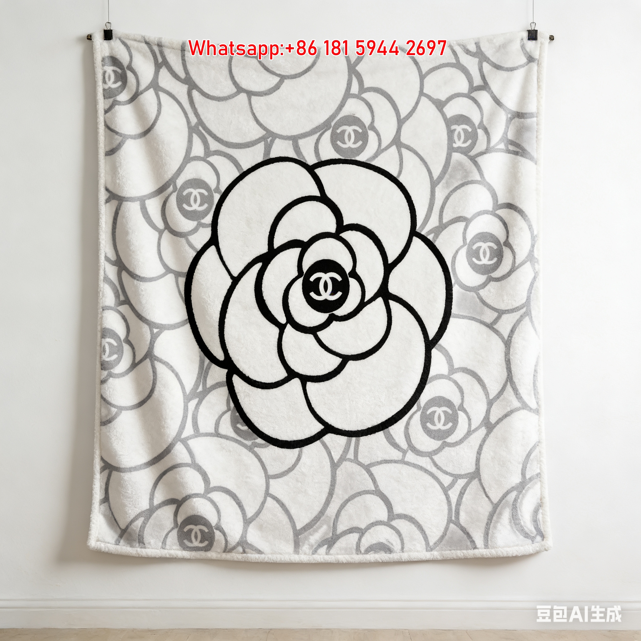 Chanel Camellia Flower Flannel Throw Blanket - Luxury Monochrome Wall Hanging for Home Decor IMG_7269